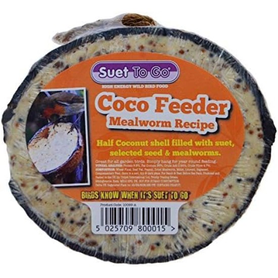 Suet to Go Mangeoire demi-coquille de noix de coco remplie de vers de farine
