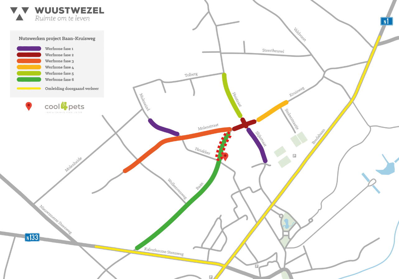 Overzichtskaart van de wegenwerken in de Baan